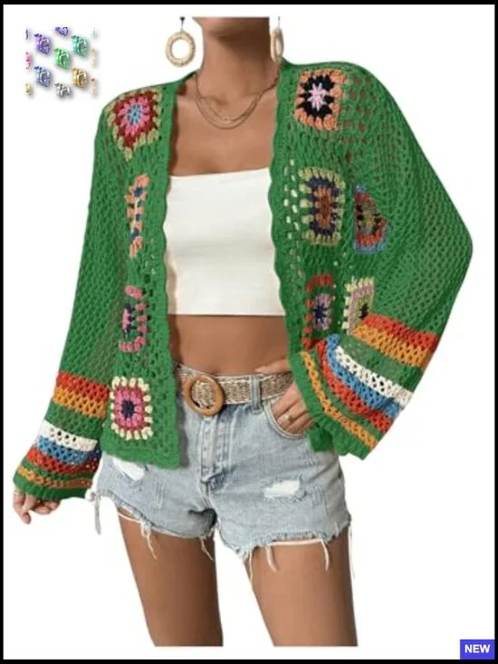 Floral Crochet Cardigan Open Front Long Sleeve Loose Boho Chic Sweater - Picture 3 of 6